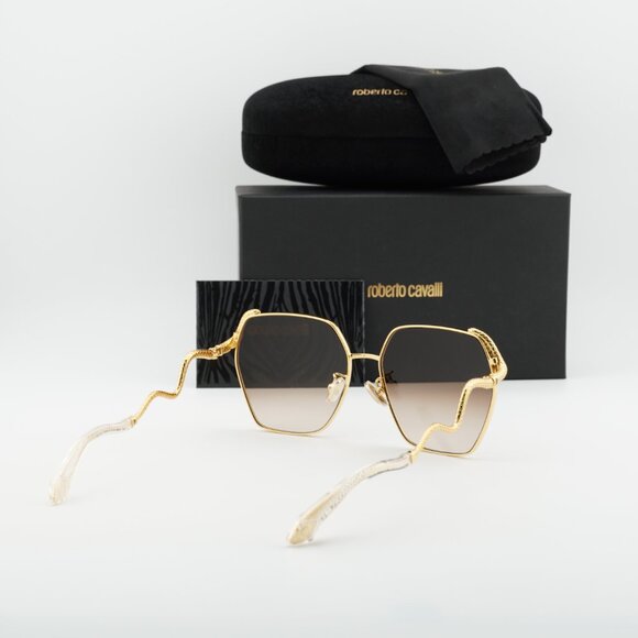 Roberto Cavalli SRC035M 0400 Sunglasses Gold Geometric Frame, Grey Lenses